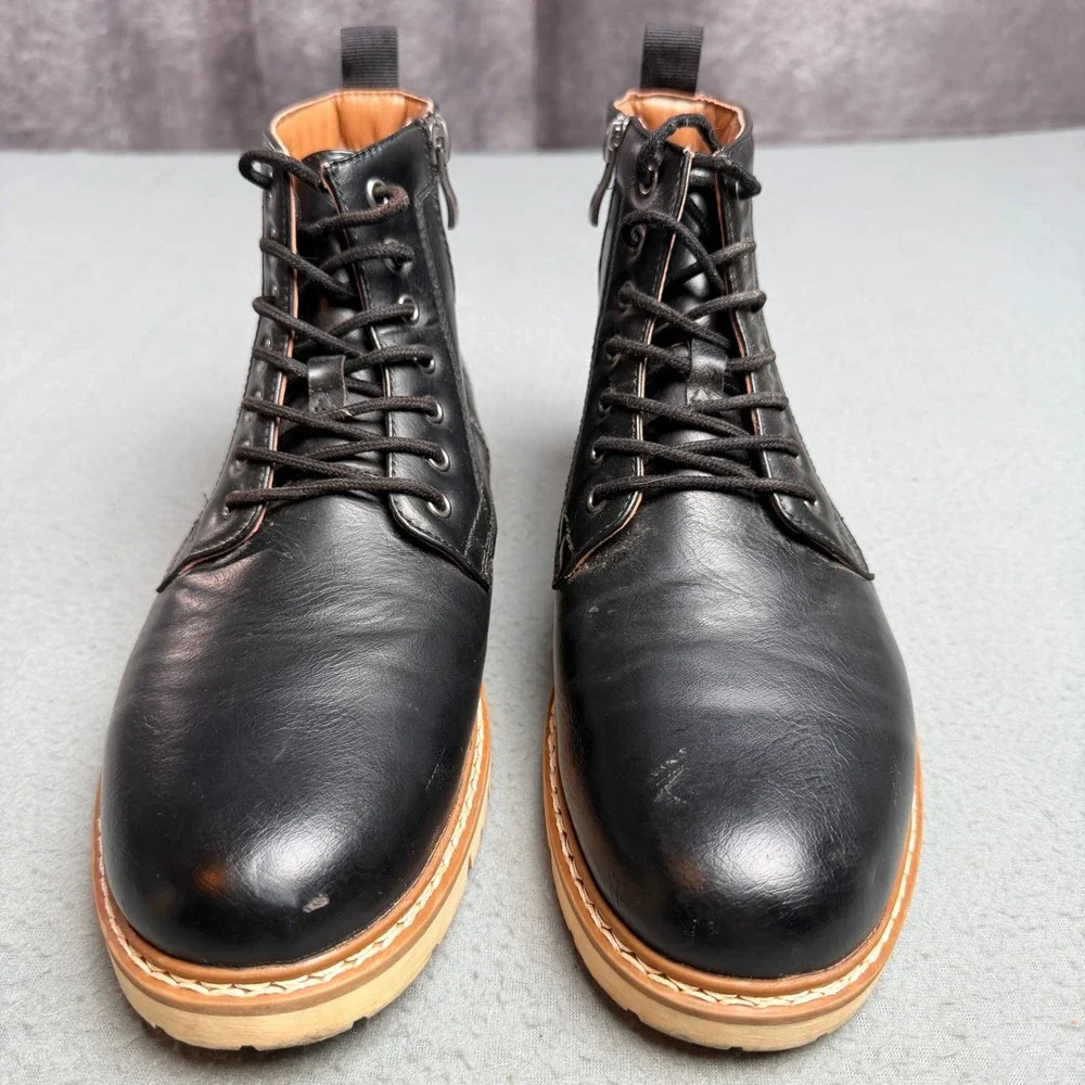 Mens Black Faux Leather Lace Up Side Zip Combat Boots Tan Lug Sole Size 9M